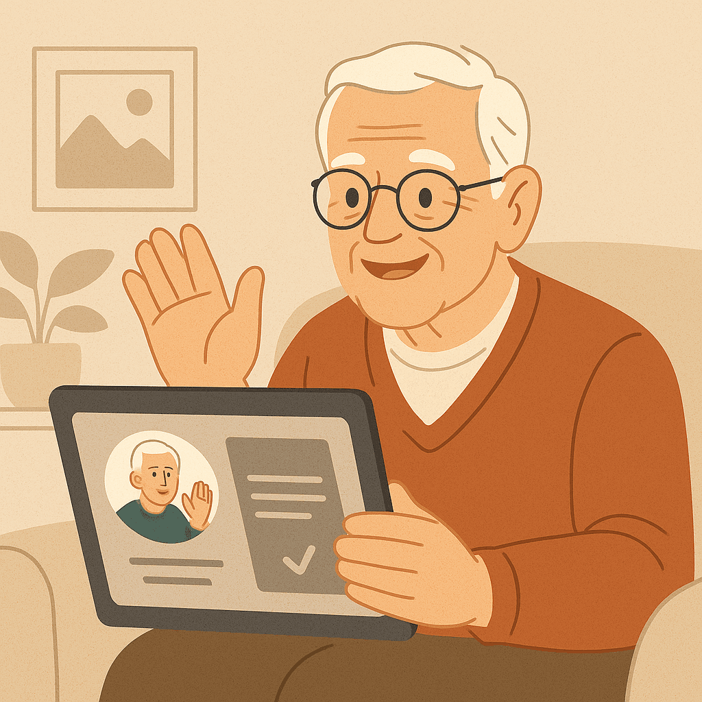 Senior teilt seine Lebenserfahrung per Video-Umfrage auf dem Tablet