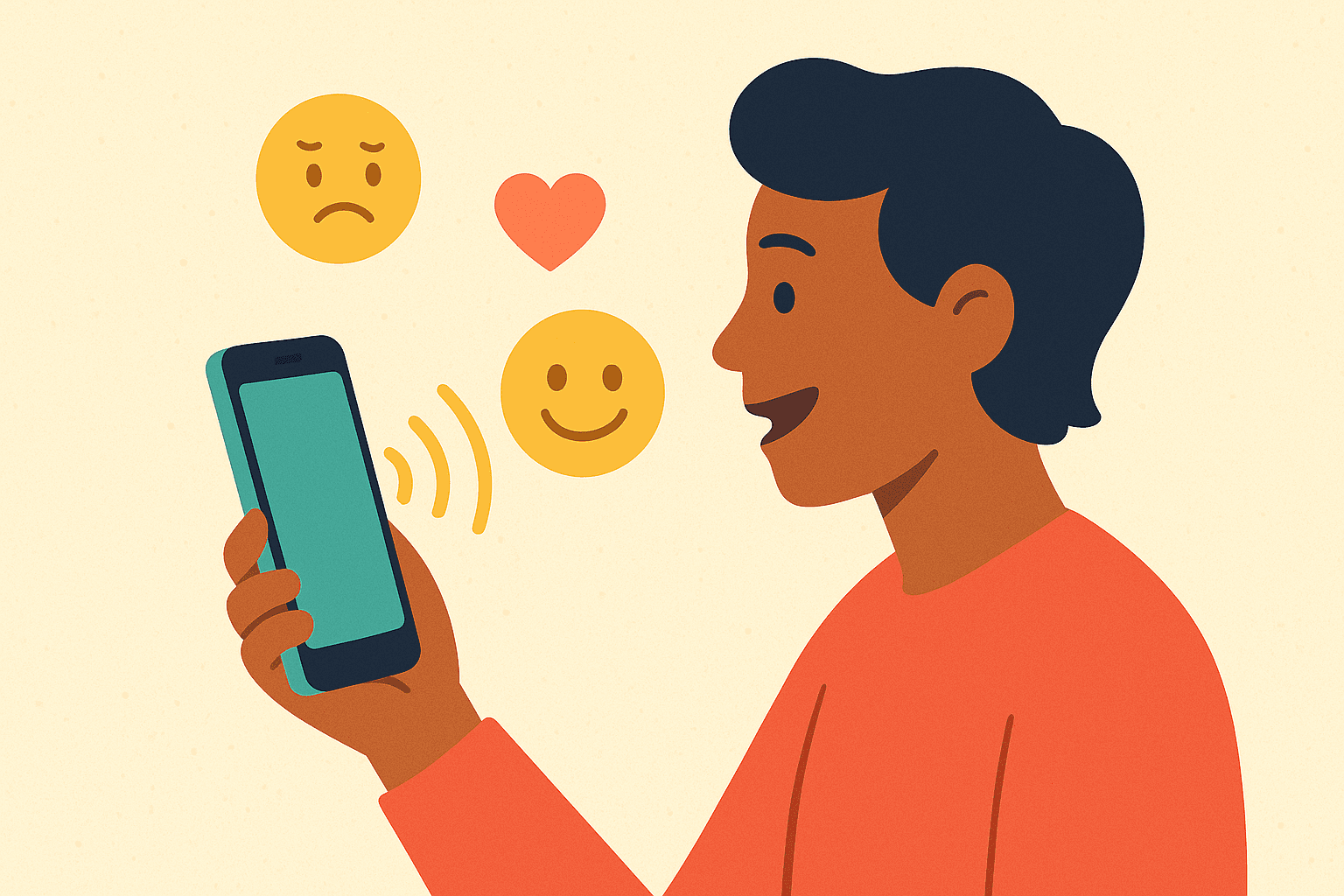 Person spricht in ein Smartphone, umgeben von Feedback-Icons und Schallwellen