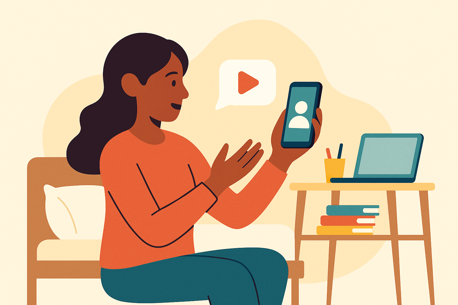 Studentin nimmt im Wohnheimzimmer eine Video-Umfrage-Antwort auf