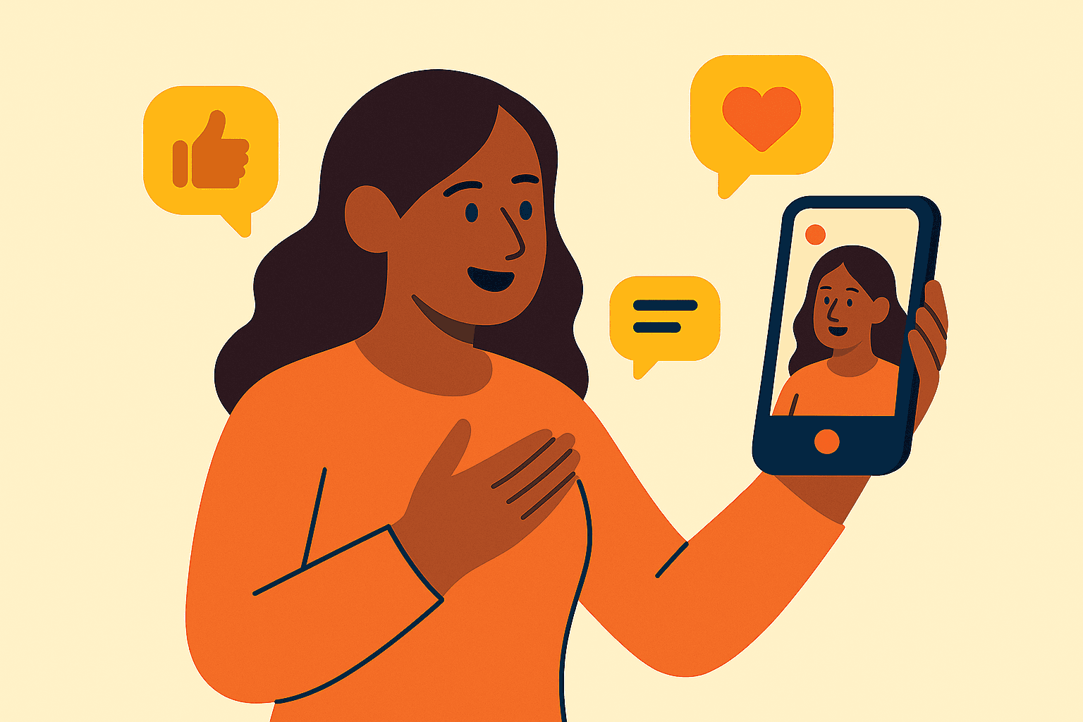 Frau nimmt sich mit dem Smartphone auf, mit sichtbaren Gesten und ausdrucksstarken Feedback-Icons