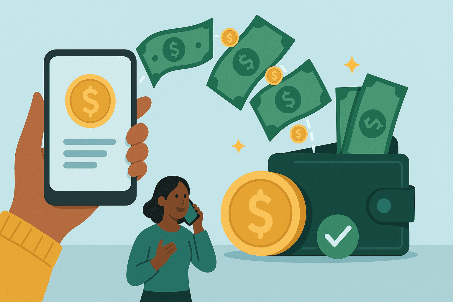 Digitale Wallet, die Geld vom Smartphone empfängt, mit Scheinen, Münzen und Transaktionssymbolen