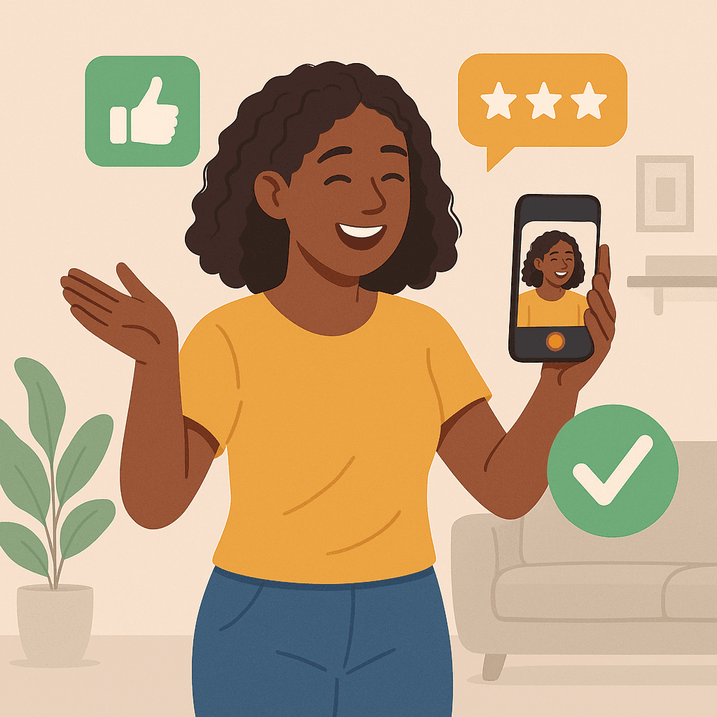 Erfolgreich abgeschlossene Video-Umfrage mit positiven Feedback-Symbolen