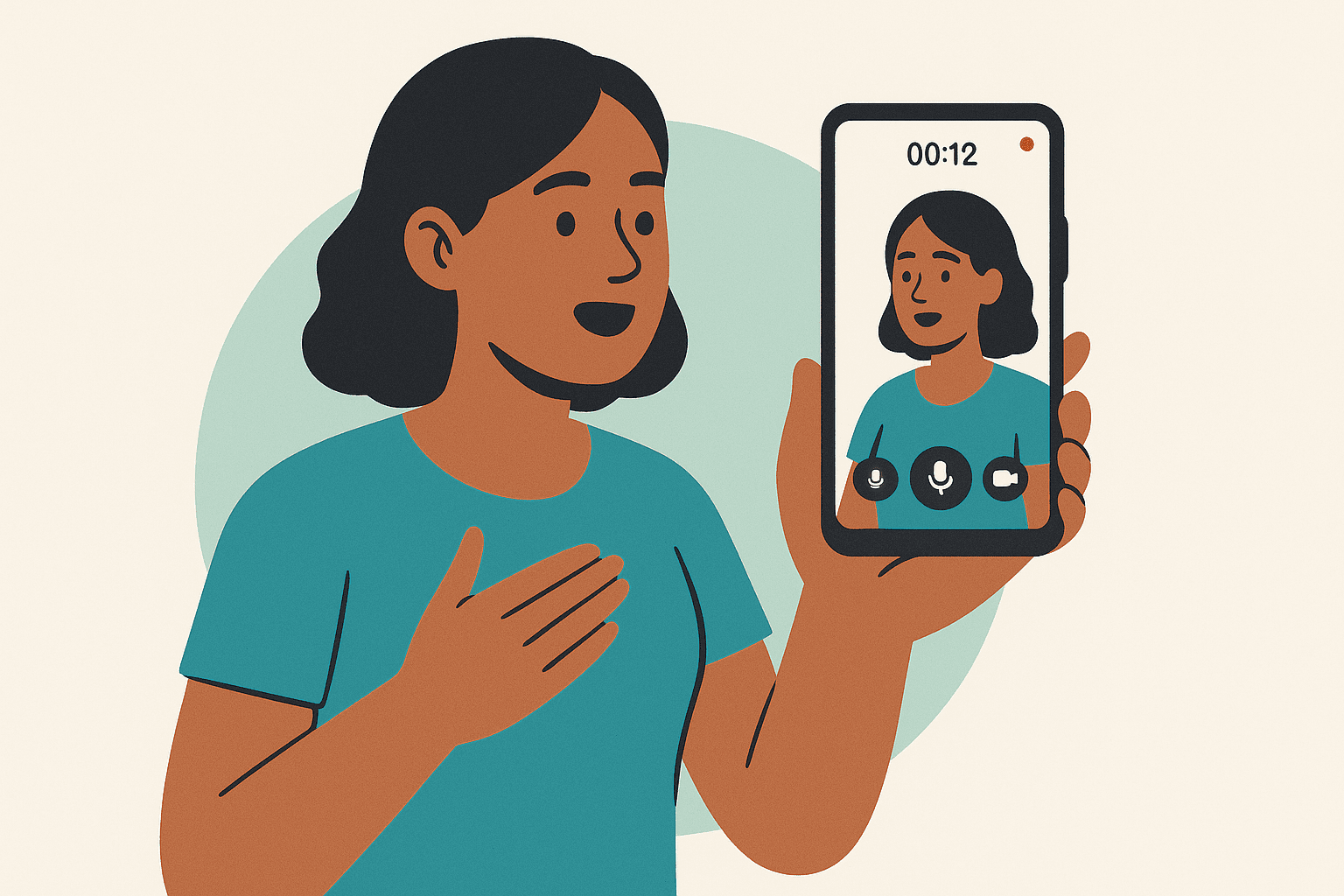 Person spricht natürlich in die Smartphone-Kamera für eine Video-Umfrage