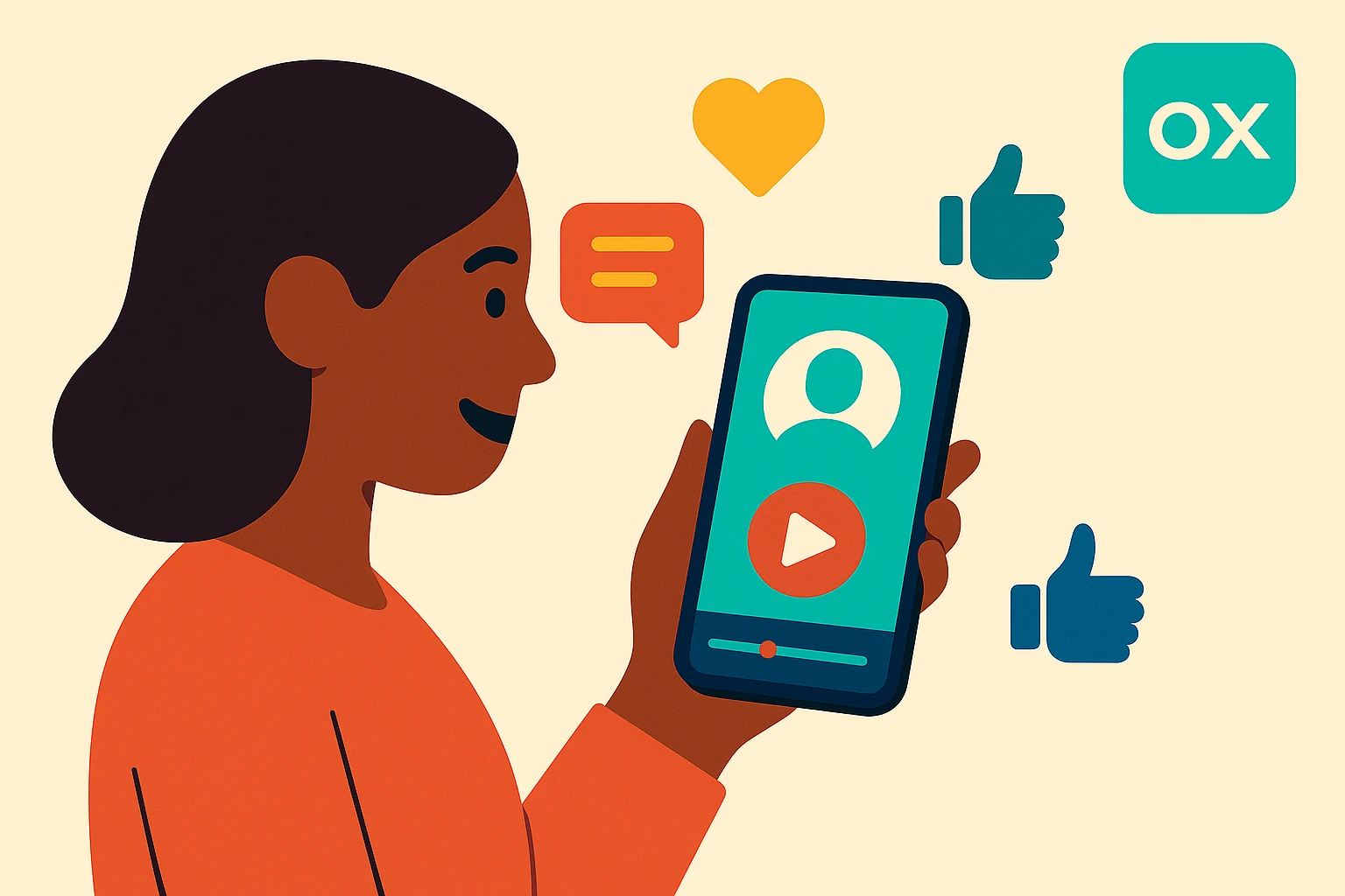 Person nutzt das Smartphone für eine Video-Umfrage mit Interface- und Engagement-Symbolen